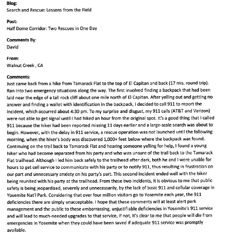 Complaint from a visitor to Yosemite National Park